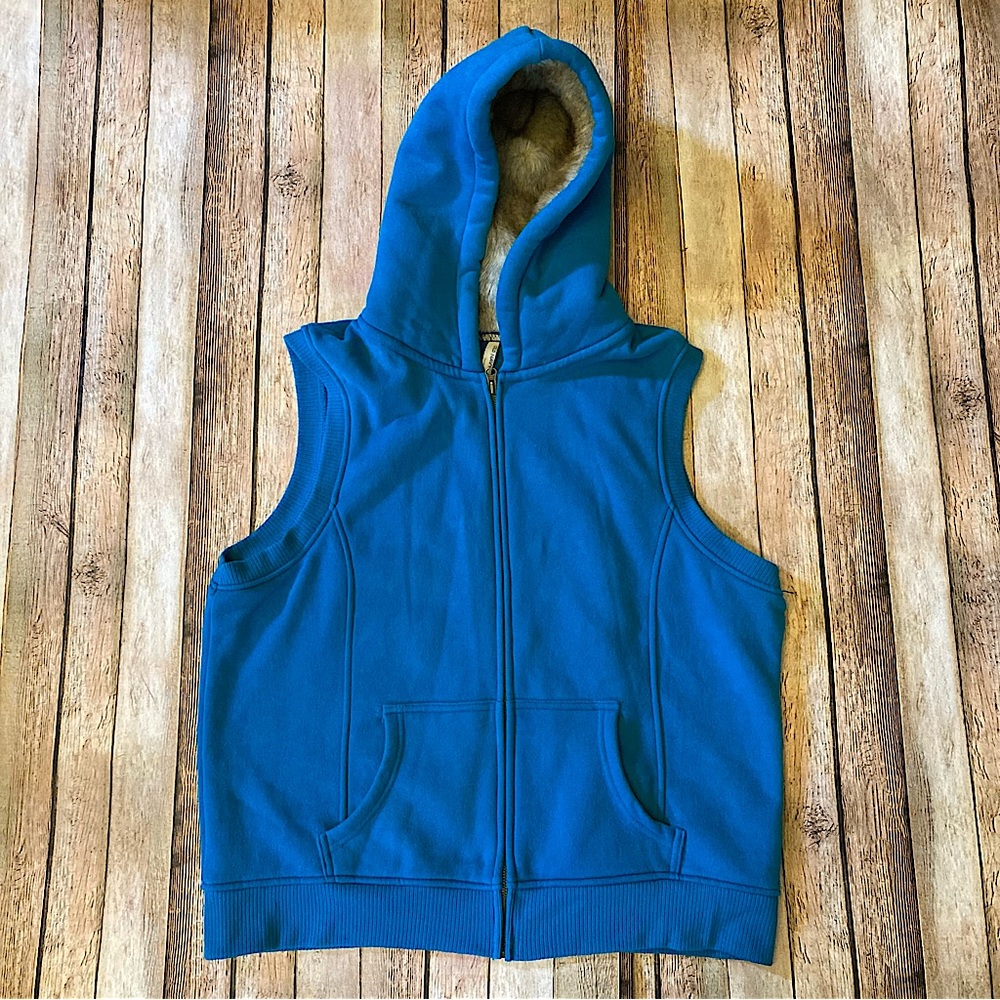 Old Navy Turquoise XXL Faux Fur Lined Hooded Vest Full Zip 2 Pockets